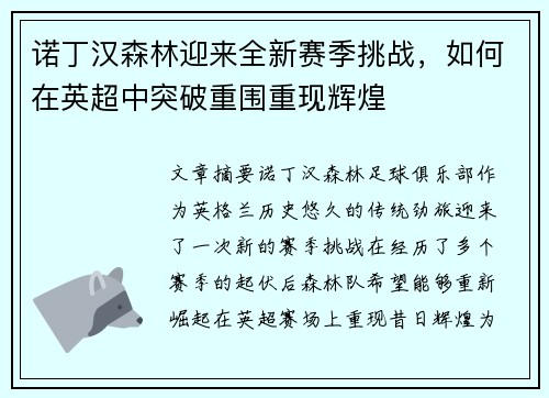 诺丁汉森林迎来全新赛季挑战，如何在英超中突破重围重现辉煌